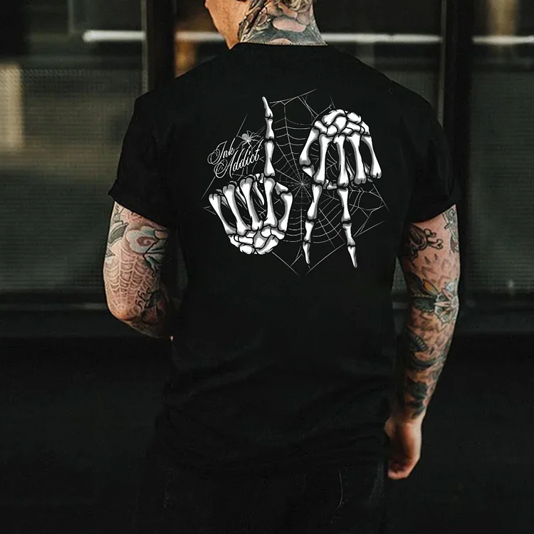 Tnk Addict Skeleton Hands And Spider Webs Printed T-shirt