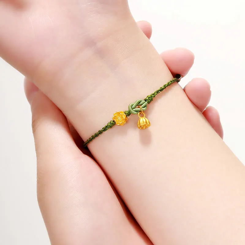 Handmade 999 Gold Lotus Flower Pod New Beginning Braid String Bracelet