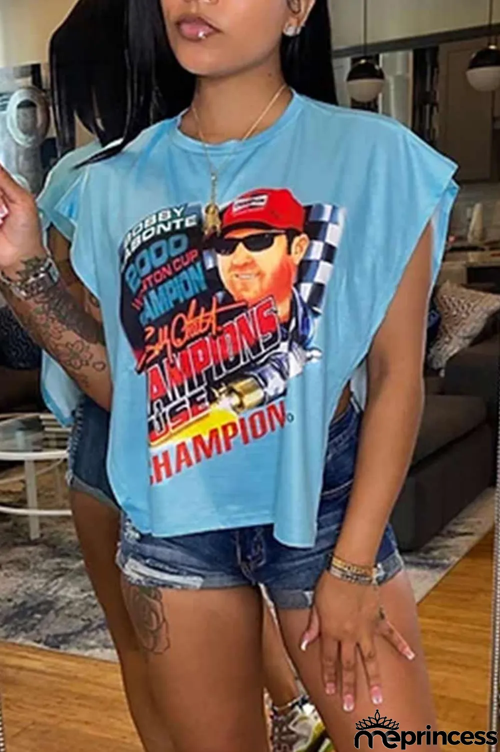 Rose Red Sexy Street Print Patchwork Slit Asymmetrical O Neck T-Shirts