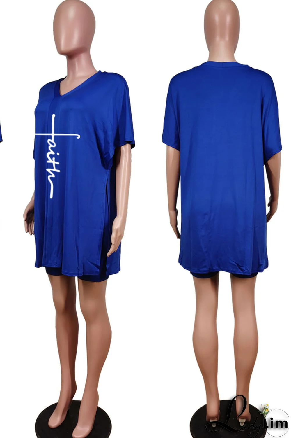 Tangerine Red Casual Print Split Joint V Neck Short Sleeve Two Pieces