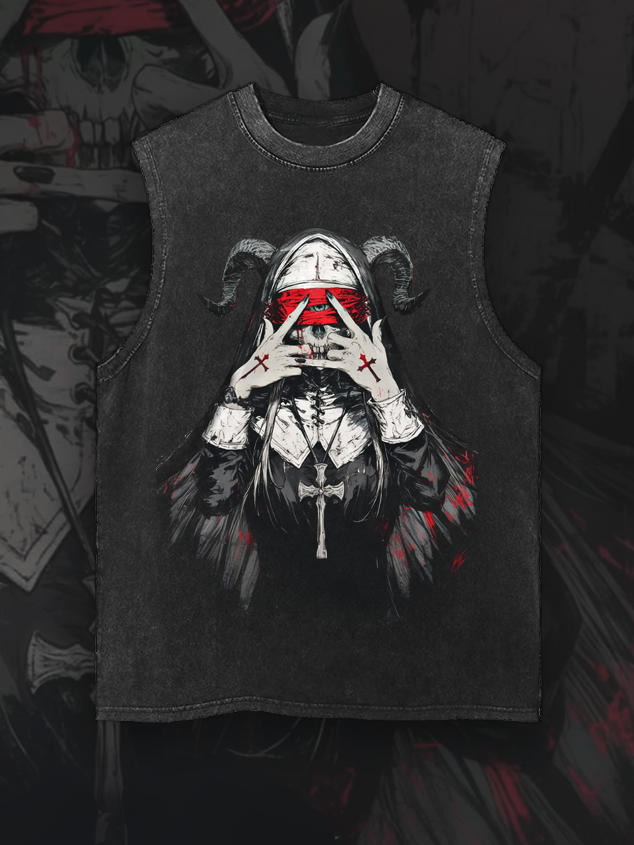 Shoptechwear Art Satanic Blood Demon Maiden  Acid Wash Casual Vest