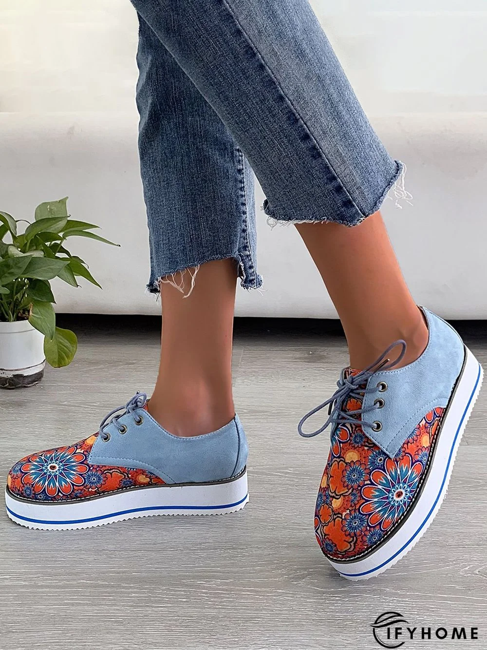 Floral Printed Patchwork Lace Up Shoes | IFYHOME