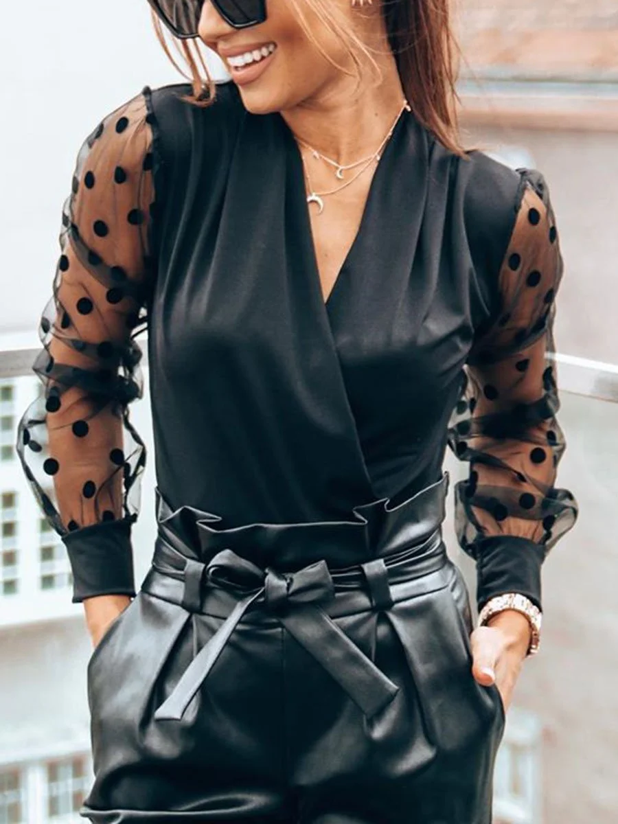 Deep V-Neck Solid Color See-Through Polka Dot Long Sleeves Blouse