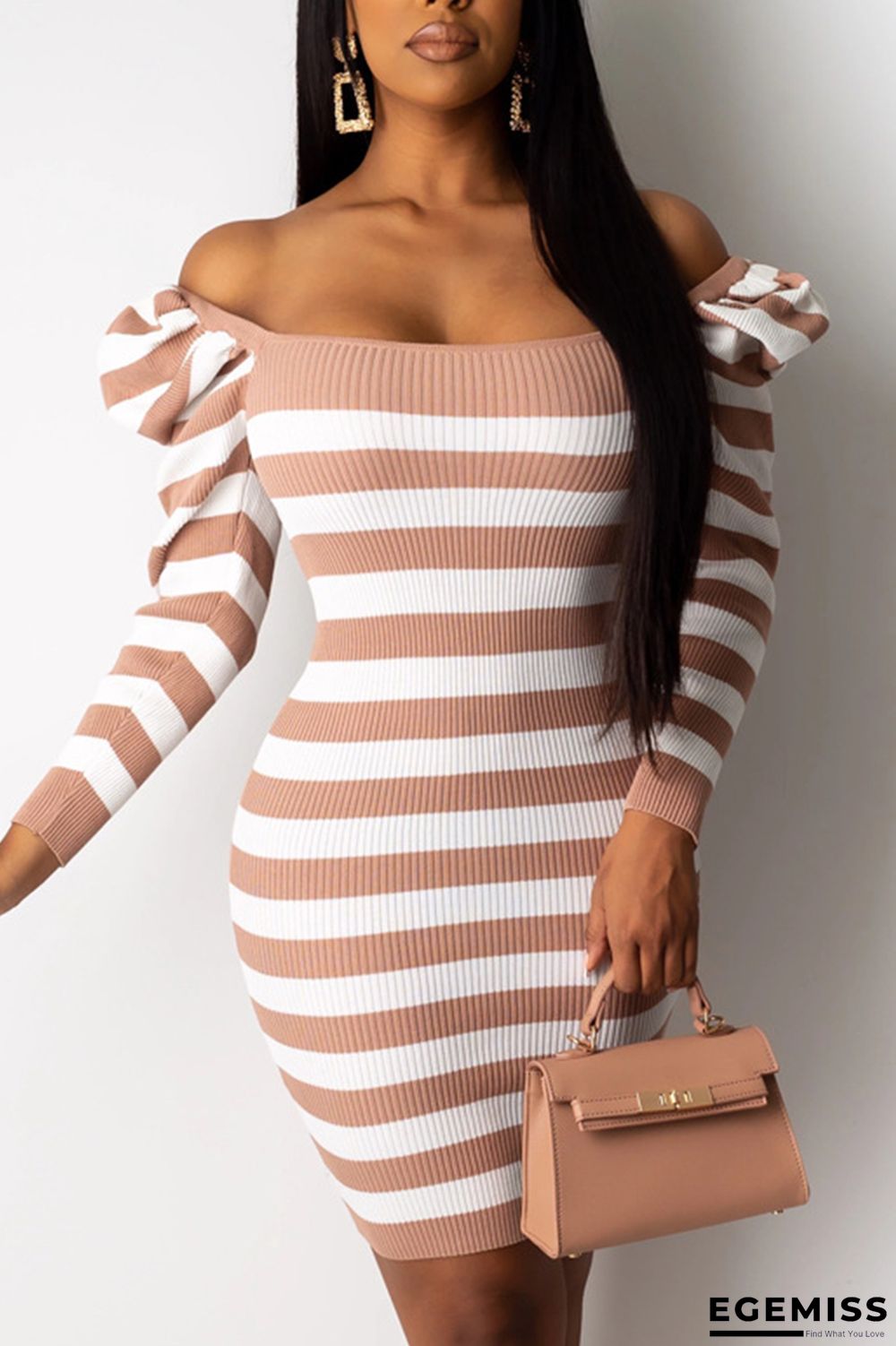 Apricot Street Fashion adult Cap Sleeve Long Sleeves Square Step Skirt Knee-Length Striped Patchwo | EGEMISS