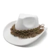 Unisex Fall Vintage Western Cowboy Woolen Tassel Sun Protection Wide Brim Hat by Inlyline