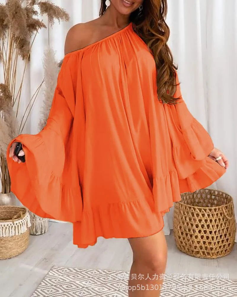 Bell Sleeve Ruffle Hem Casual Swing Dress