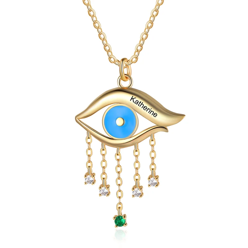 Personalisierte Dämonenauge Diamanten Halskette Böse Auge Kette mit Name  und Geburtsstein Graviert