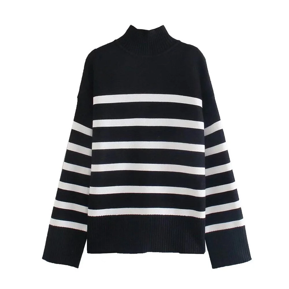 TRAF Women Fashion Loose Striped Knit Sweater Vintage High Neck Long Sleeve Female Pullovers Chic Tops