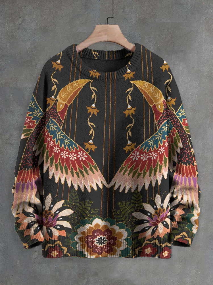 Women's Retro Floral Patterns Bird Print Knit Sweatshirt