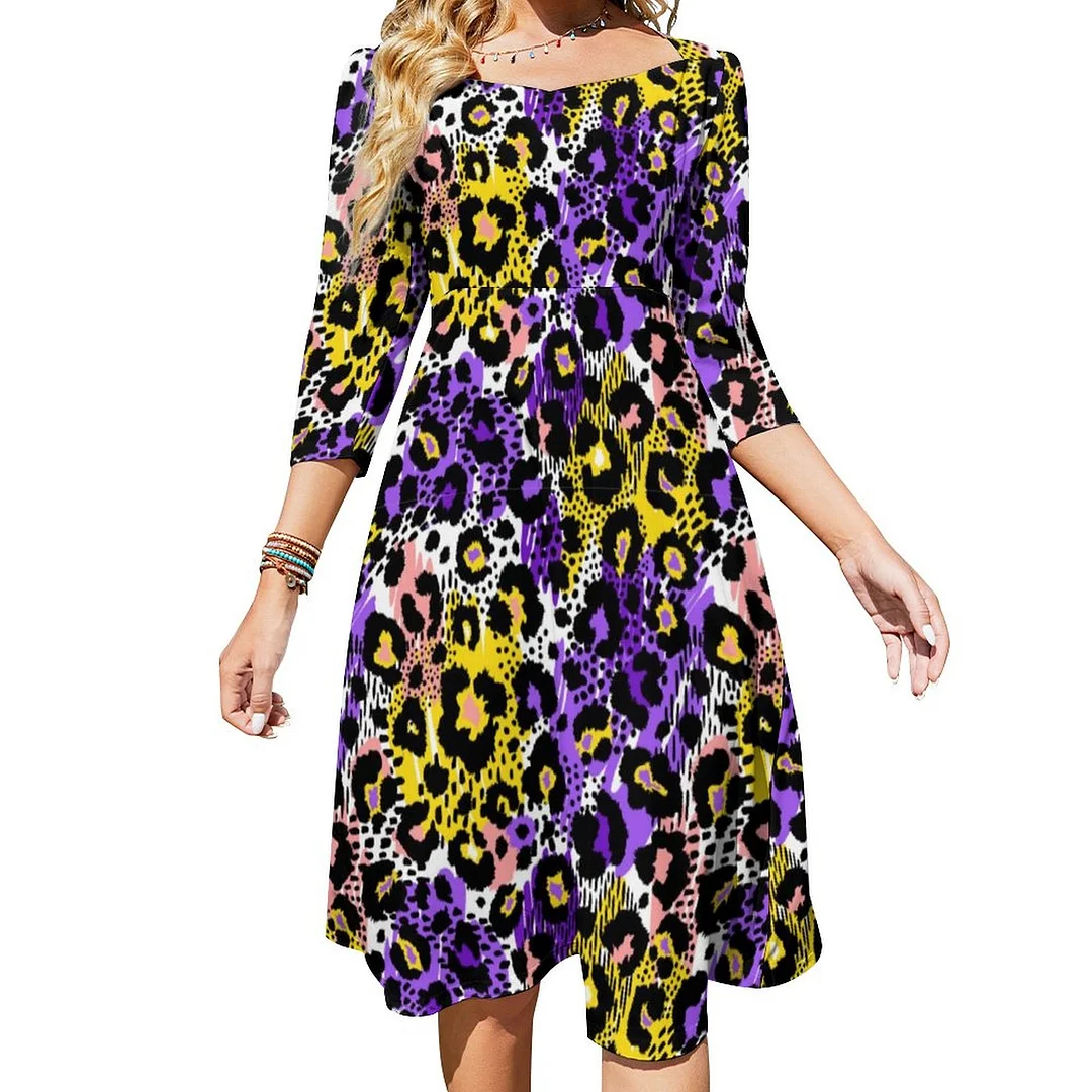 Leopard Print Animal Pattern Purple Yellow Dress Sweetheart Tie Back Flared 3/4 Sleeve Midi Dresses