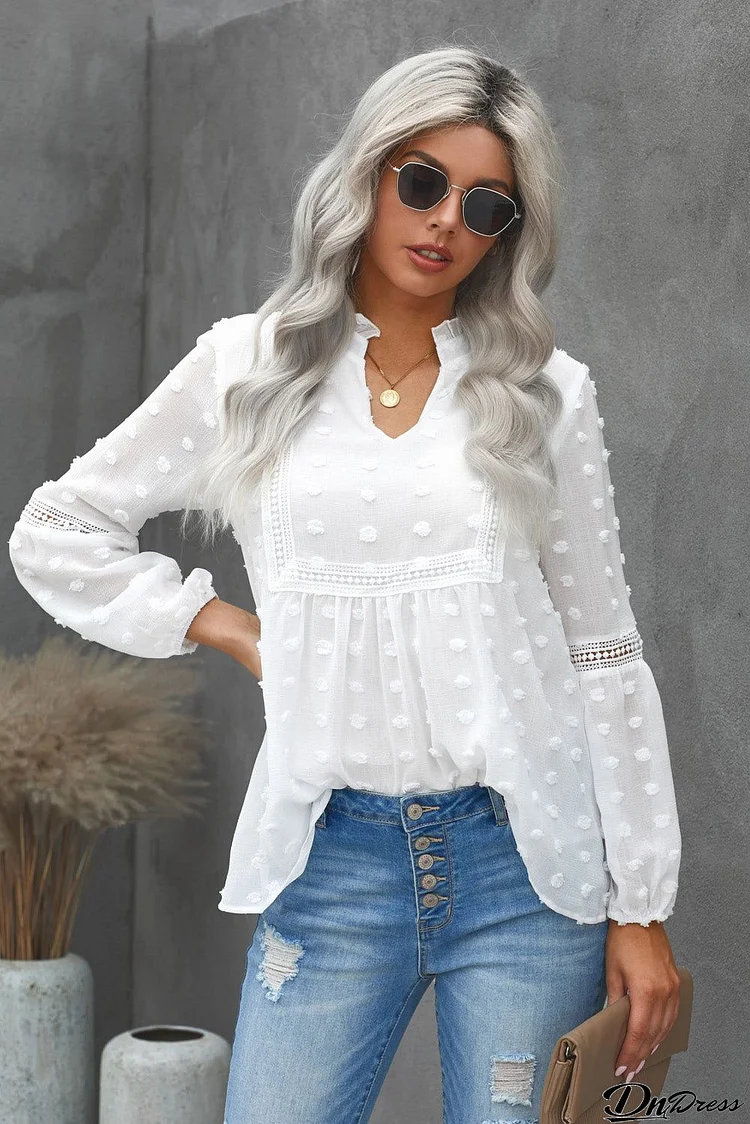 White Ruffled Split Neck Lace Hollow Out Puff Sleeve Polka Dot Blouse