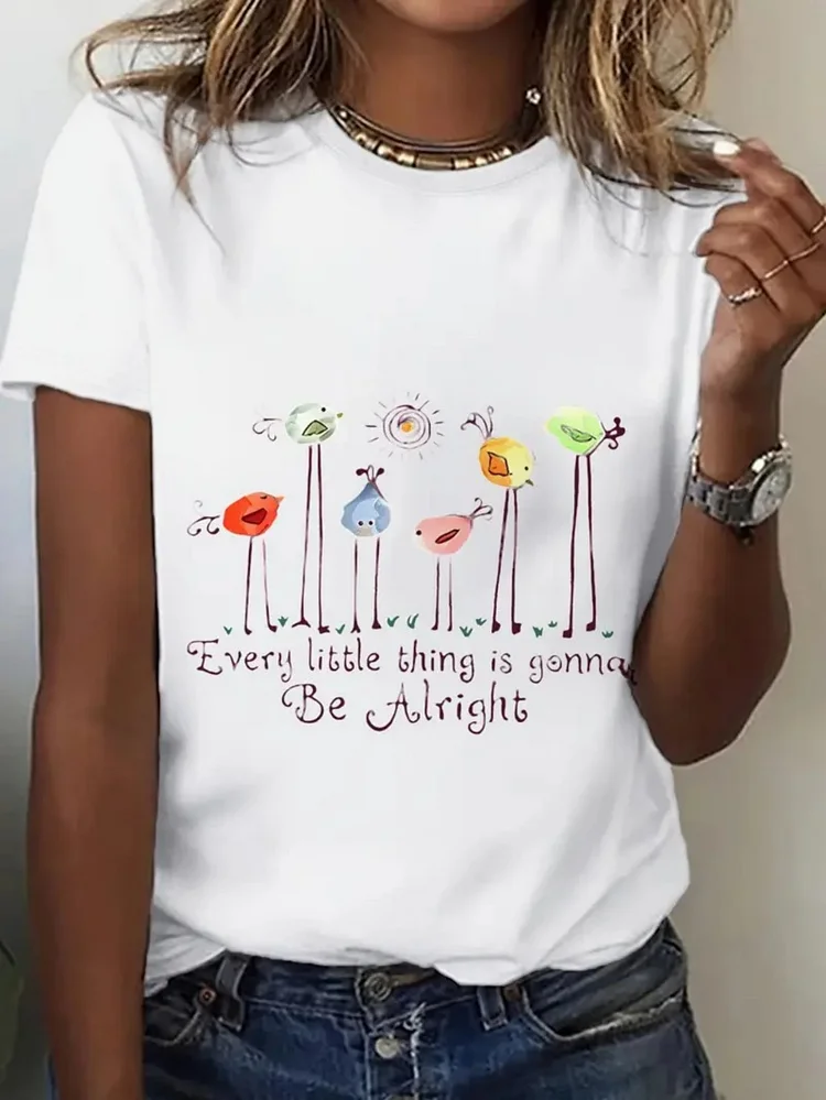 Fashion Letter Anime Print Women's Round Neck T-Shirt Simple Design, Comfortable And Breathable, Suitable For Daily Casual And Versatile, Showing Natural And Elegant Style, A Must-Have For Summer Parties, Local Delivery