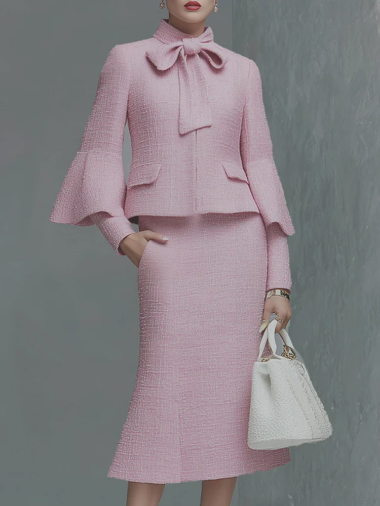 【24-hour shipping out】Elegant Neckline Bow Tie Trumpet Sleeve Jacket Skirt Tweed Set