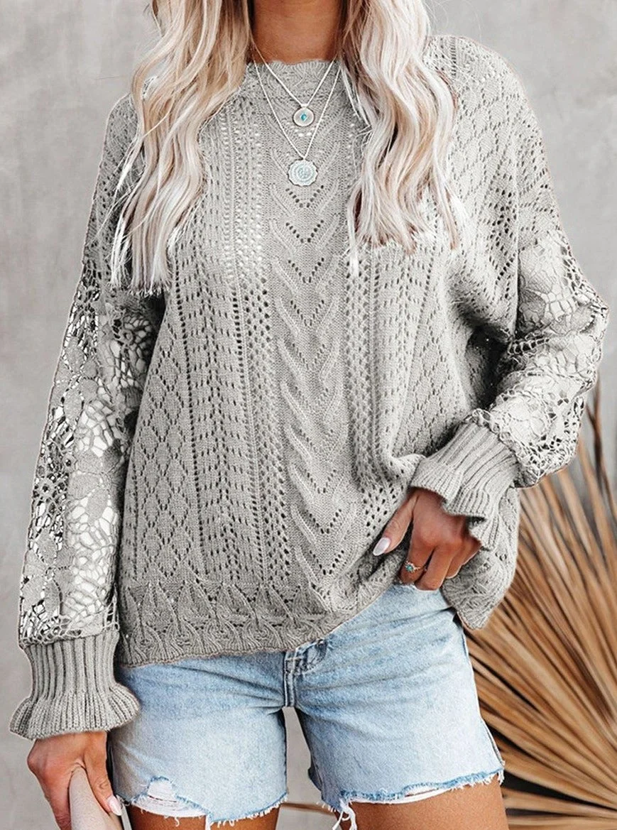 Fashion O-Neck Lace Hollow Casual Long-Sleeved Sweater | EGEMISS