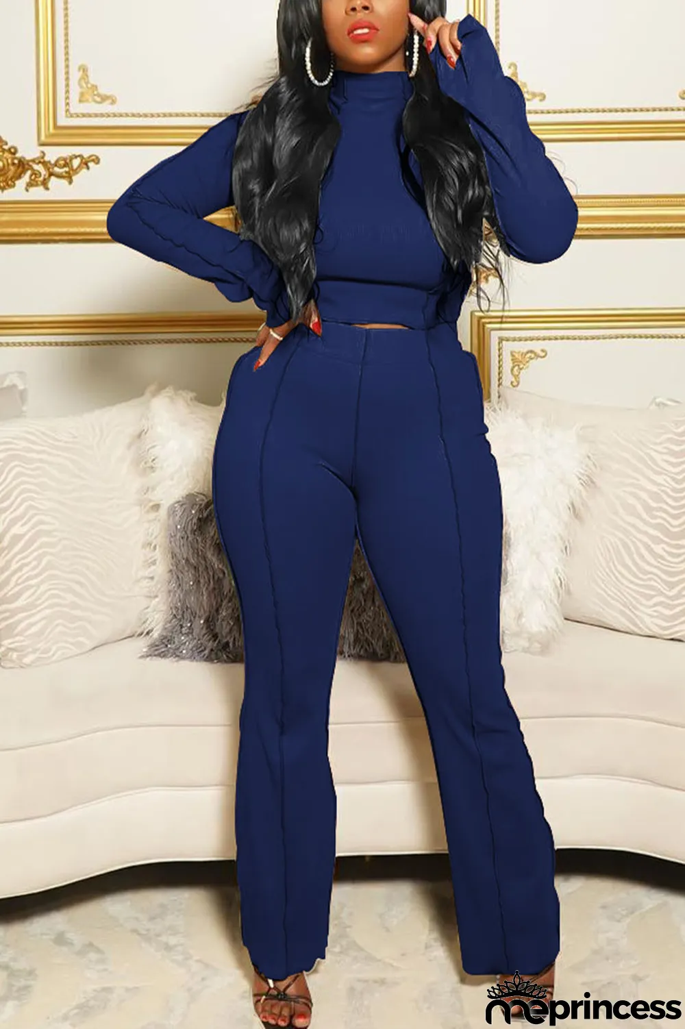 Army Green Casual Solid Flounce Half A Turtleneck Long Sleeve Two Pieces