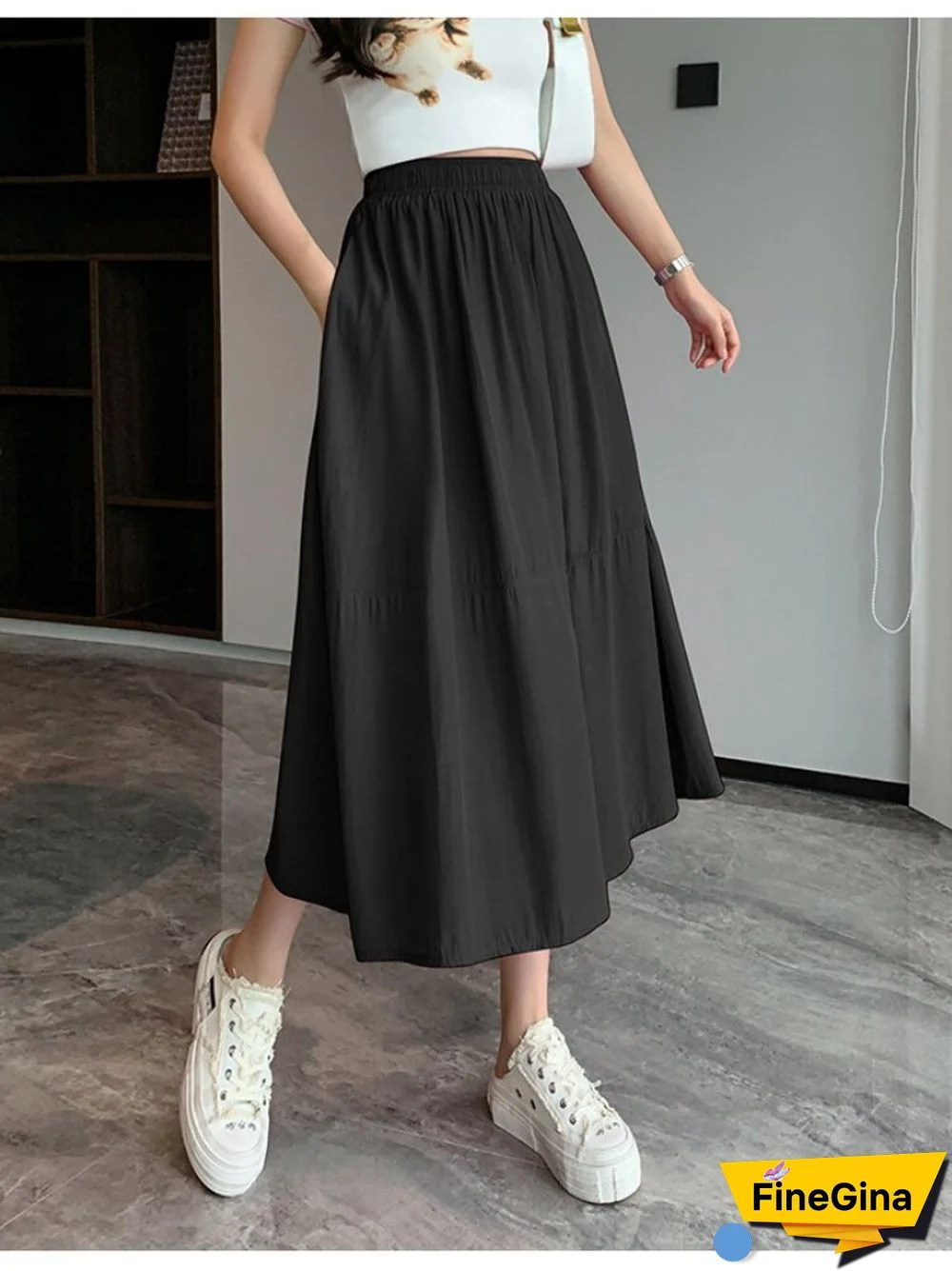 Solid Elastic High Waist A-line Midi Skirt Women Korean Fashion Umbrella Skirt Female Elegant All Match Slim Fit Faldas