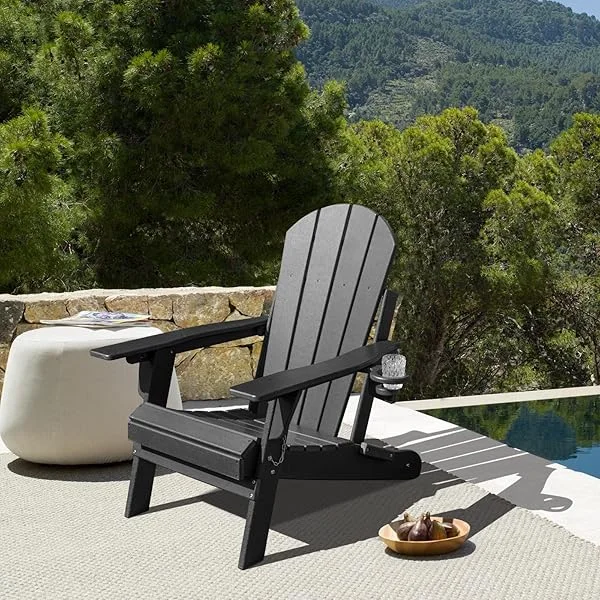Lepdep Folding Adirondack Chair Modern Adjustable Plastic Outdoor Fire Pit Chair Weather Resistant 3-Positons Patio Chair with Cup Holder for Outdoor Porch Garden Backyard Deck and Pool Set of 1 Blue