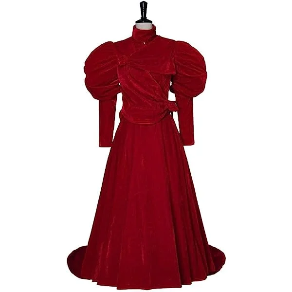 Victorian Red Velvet Dress Gown Renaissance Medieval Costume Women's Puffed Sleeve Dress