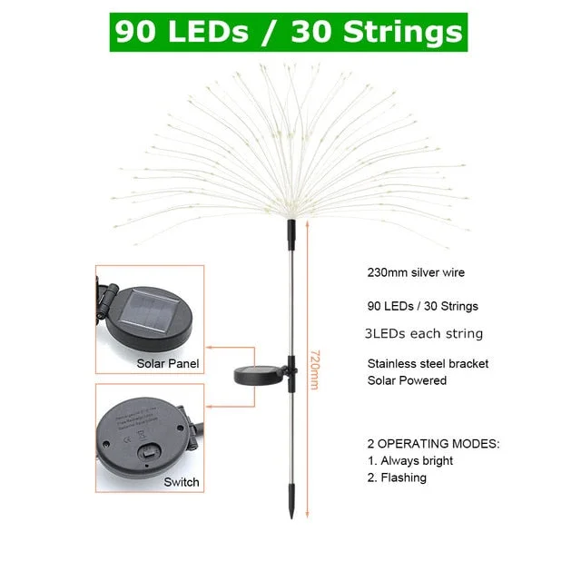 1pcs Outdoor LED Solar Fireworks Lights 90/150 LEDs Waterproof Flash String Light For Garden Patio Christmas Holiday Decoration