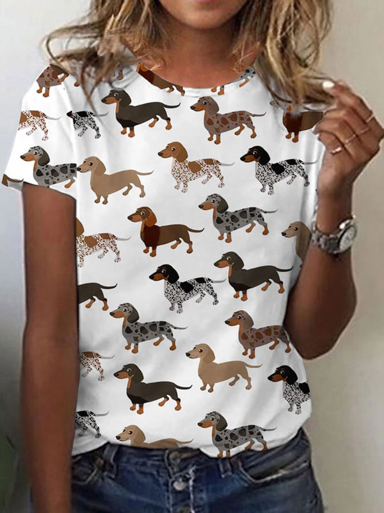 Comstylish Dog Print Round Neck Short Sleeve Casual T-Shirt