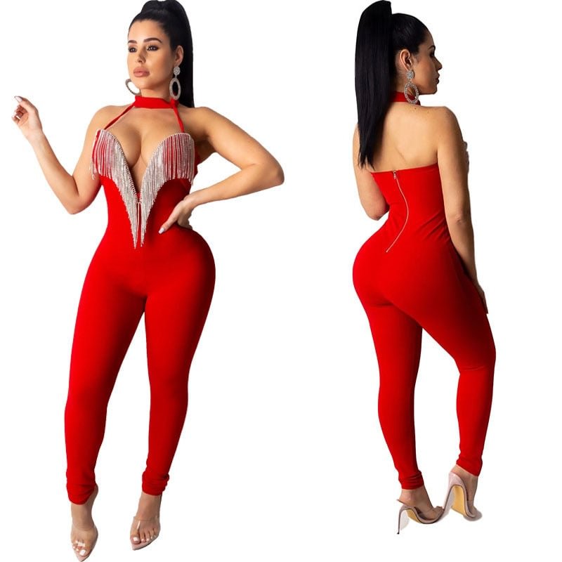 Sexy Diamonds Tassel Strapless Bandage Night Party Club Jumpsuit Women Halter V Neck Backless Romper Outfit Streetwear Overalls