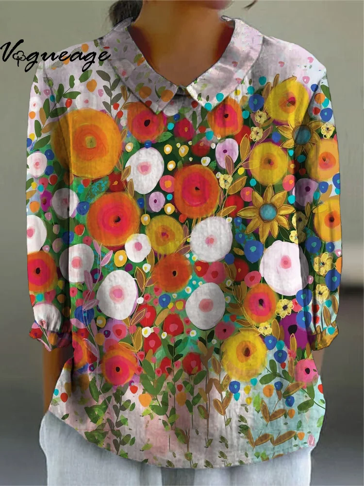 Bright Colorful Watercolor Flowers Printed Cotton And Linen Shirt