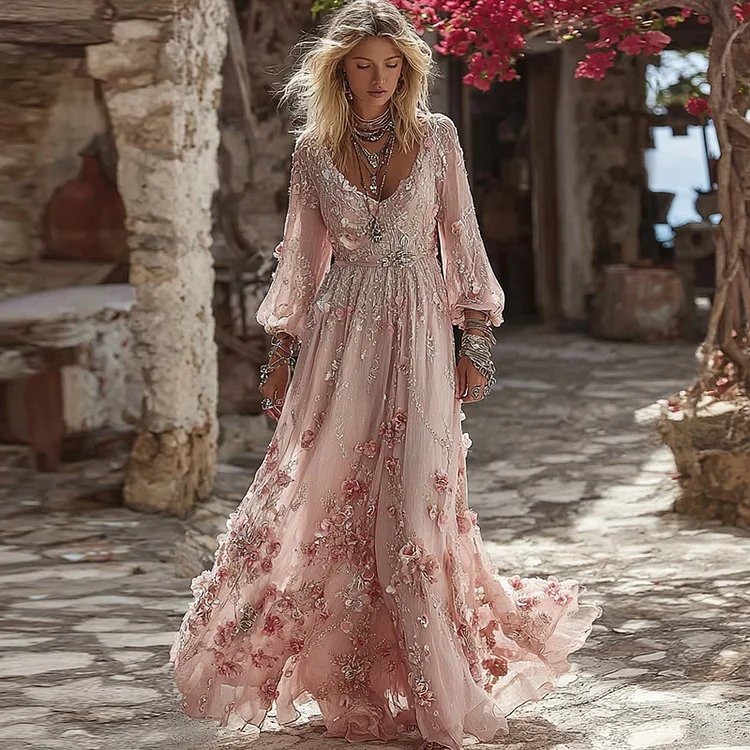 Women's Bohemia Pink Flower Embroidery Art V Neck Long Sleeve Maxi Dress