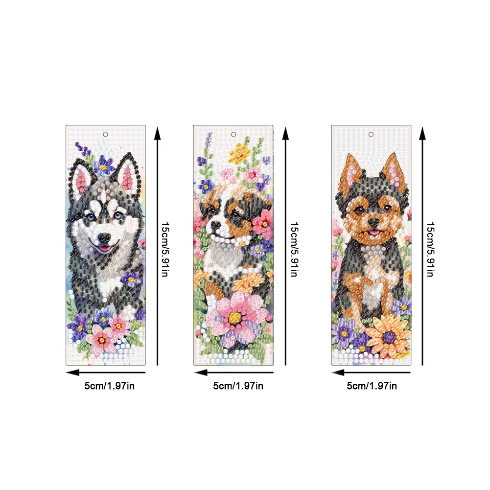 3Pcs DIY Dog Flower Special Shape DIY Diamond Painting Bookmarks Kits