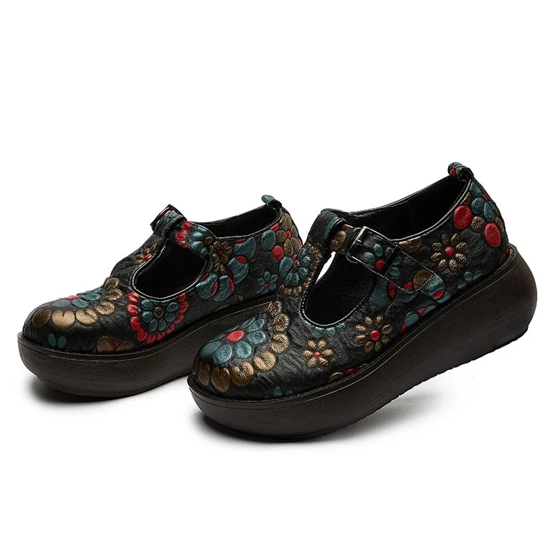 GKTINOO 2022 New Genuine Leather Pumps Women Shoes Print Spring Autumn Retro Buckle Strap High Heels Ladies Shoes