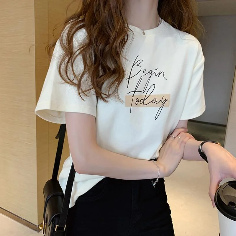 Brownm Brownm New Summer Fashion Foreign Style Print Round Collar Short Sleeve T-Shirt Women's Loose Half Sleeve Shirt Bottom Shirt