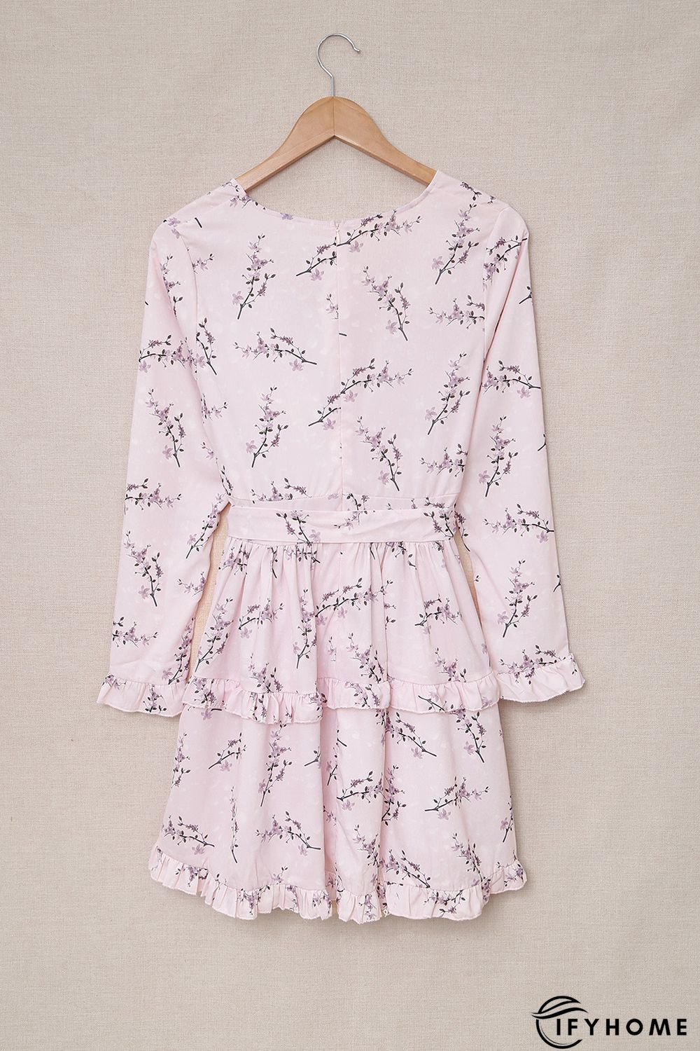 Pink Floral Print Ruffle Hemline Wrap Mini Dress | IFYHOME