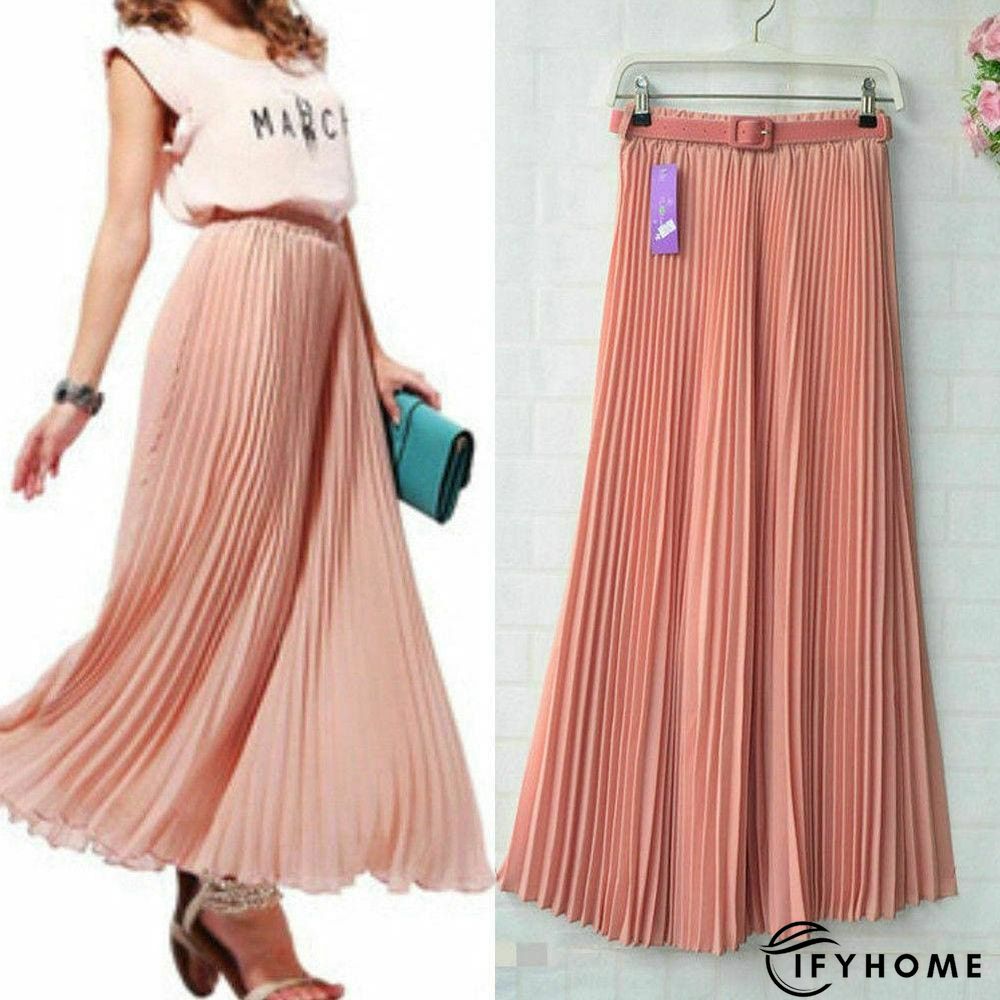 New Summer Women Ladies Elegant Long Skirt Retro Maxi Chiffon High Waist Solid Casual Pleated Beach Long Skirt Sundress | IFYHOME