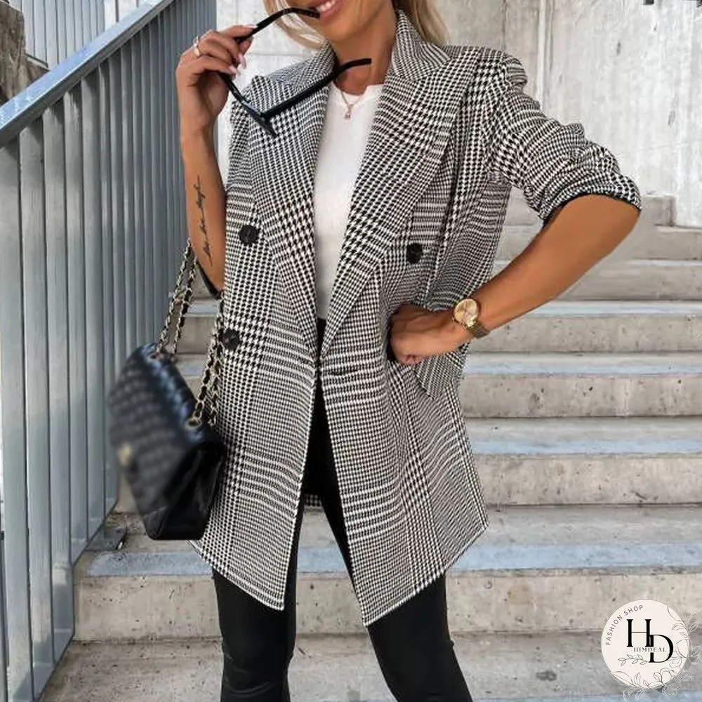 Womens Elegant Commute Street Blazer Fashion Casual Loose Ladies Plaid Print Coat Fall