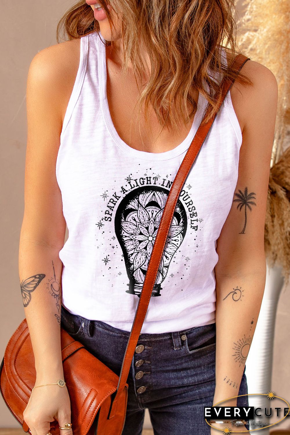 White Floral Light Bulb Letter Graphic Print Crew Neck Tank Top