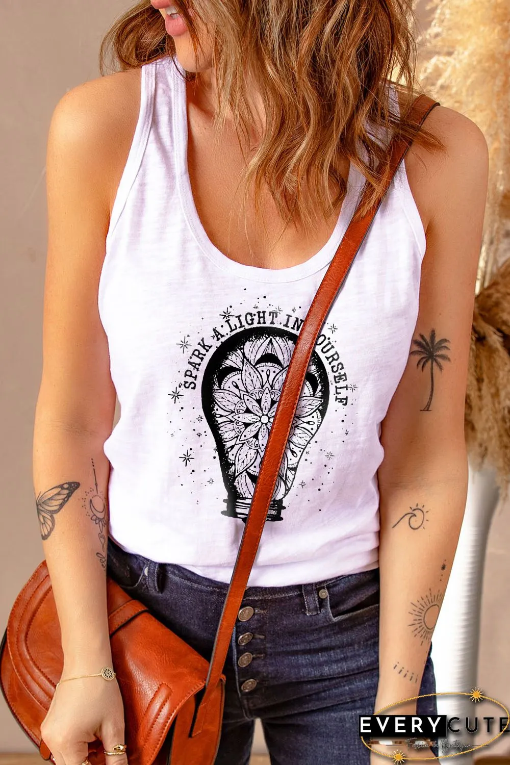 White Floral Light Bulb Letter Graphic Print Crew Neck Tank Top