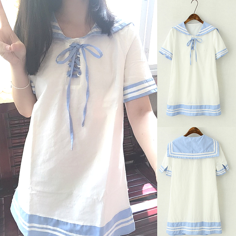 White Lolita Sailor Style Short Sleeve Dress SP167034