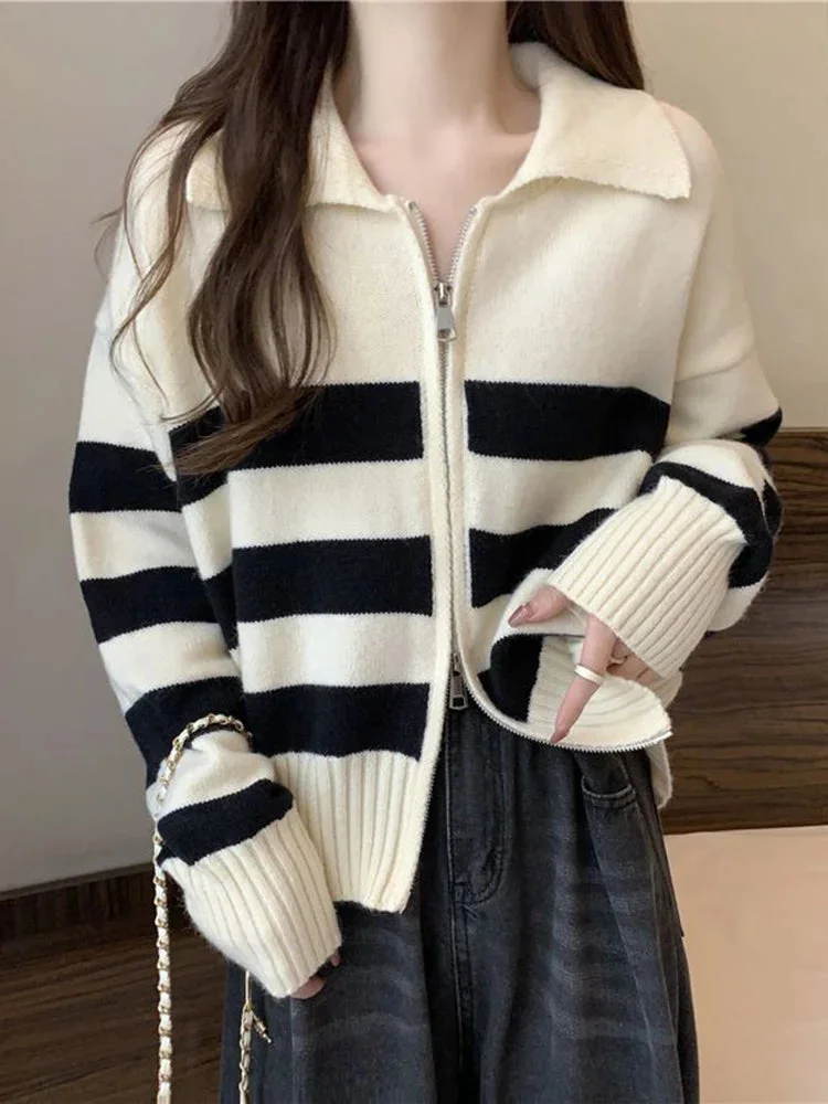 Oocharger Chic Double Zipper Striped Cardigan Sweater Women Korean Casual Simple Knitted Tops Fall Winter Turn Down Collar Outwear