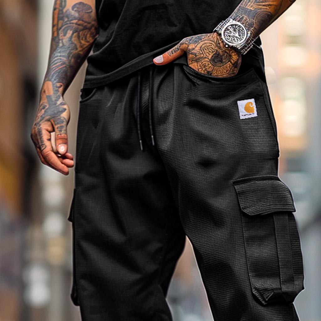 Black Cargo Pants with Side Pockets and White Sneakers