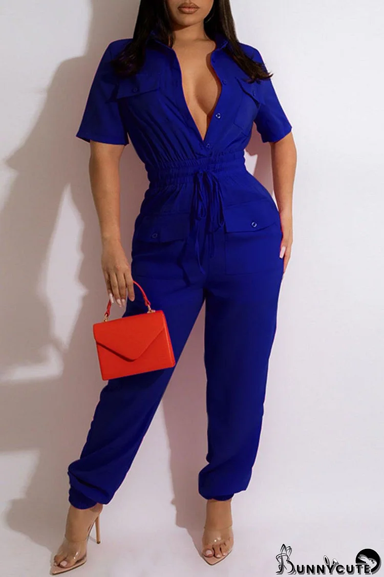 Blue Fashion Casual Solid Patchwork Turndown Collar Regular Jumpsuits