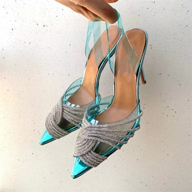 Rhinestone glitter pointed closed toe slingback stiletto heels Luxury wedding party dressy heels