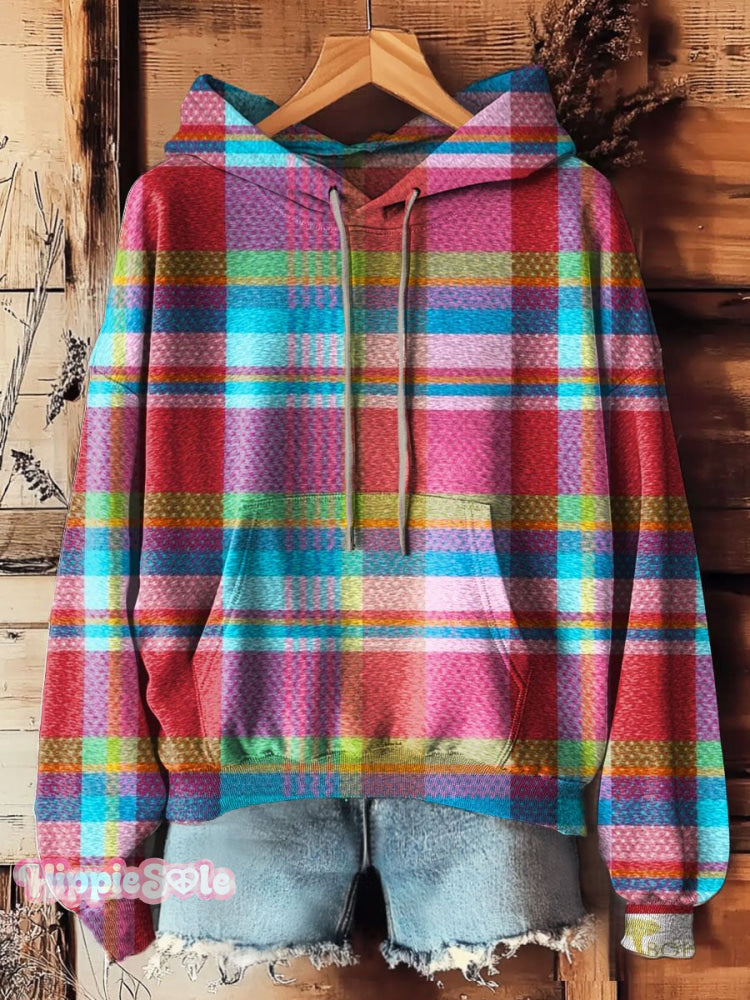 Vintage Colorful Plaid Print Casual Hoodie Sweatshirt Multicolor / S