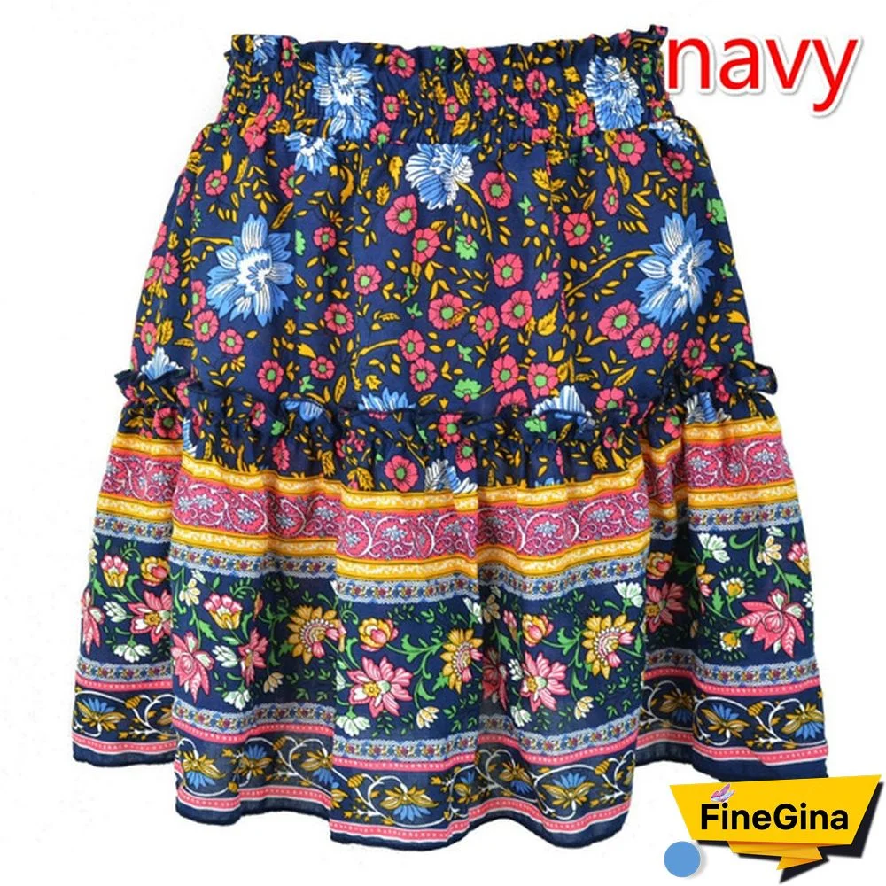 Women Fashion Casual Floral Short Skirts Summer High Waist Pleated Beach Skirt Beho Ruffle Dresses