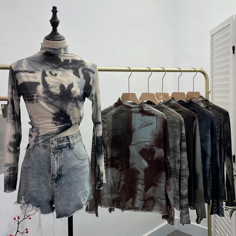 Churchf Real Shooting Wave Side Half-High Collar Net Yarn Dyed Long Sleeve Thin Inside The Bottom Shirt Autumn And Winter Folded T-Shirt 8921
