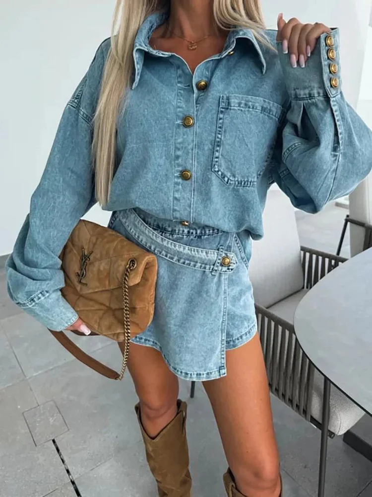 Button-Front Shirt and Mini Skirt Oversized Denim Set