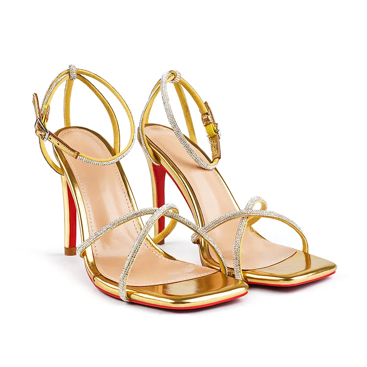 100mm Rhinestone Cross Strap Sandals Square Toe Red Bottom Stilettos Vocosi VOCOSI