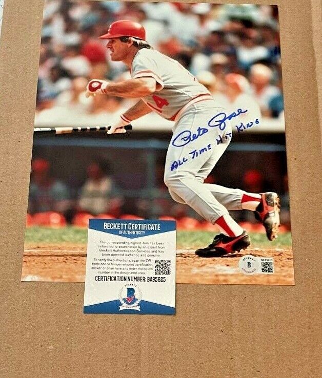 PETE ROSE SIGNED CINCINNATI REDS 8X10 Photo Poster painting W/ALL TIME HIT KING BECKETT CERT #2