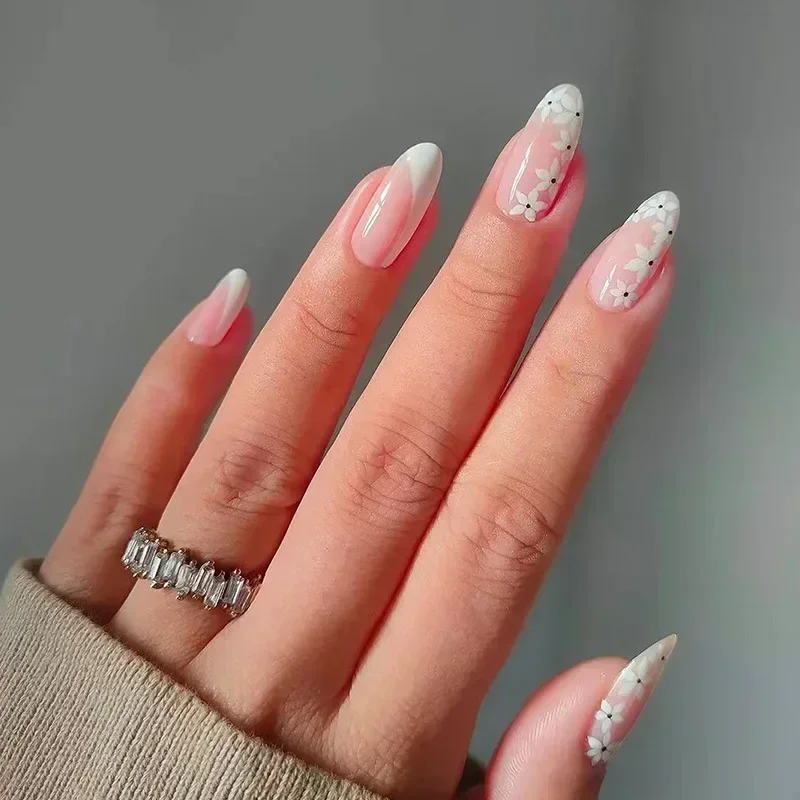 Lidudu French Press on Fake Nails with Flowers Designs Summer Blue Short Almond False Nails Wearable French Full Cover Press on Nails