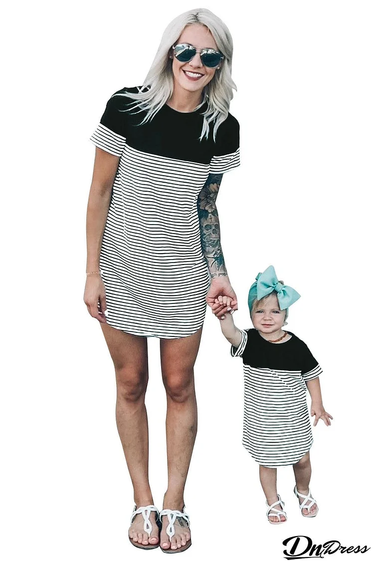 Family Matching Striped Splicing Mom's T-shirt Mini Dress