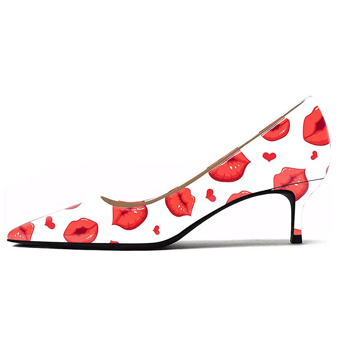 Red & White Patent Leather Pointed Toe Heels with Kiss Print