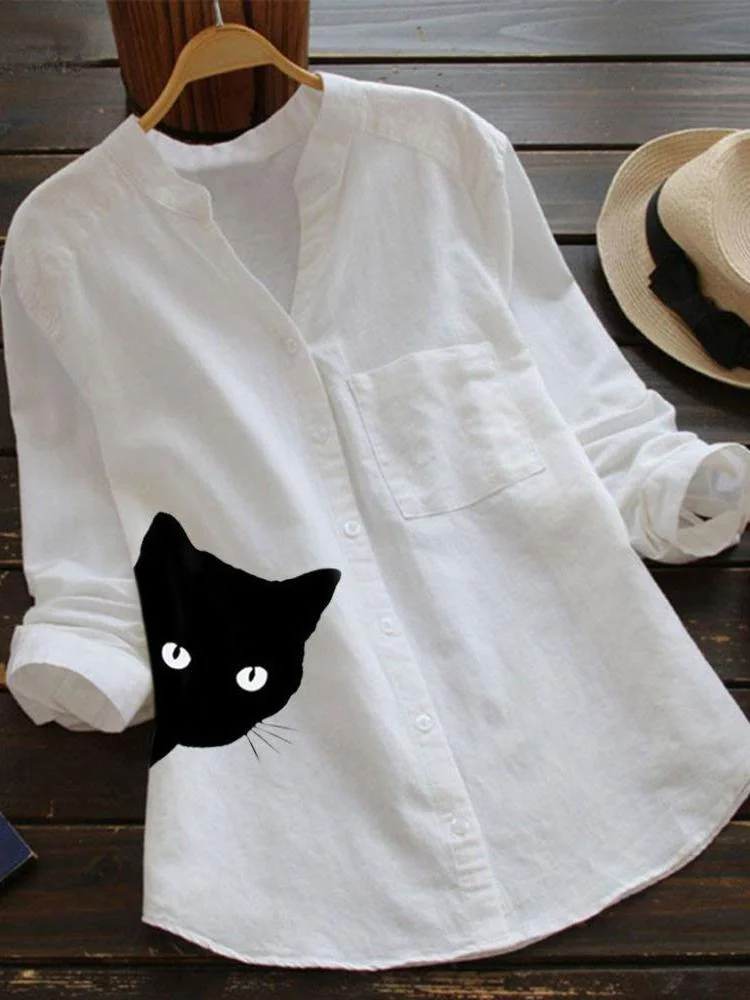 Casual Loose Cat Print Long Sleeve Shirt
